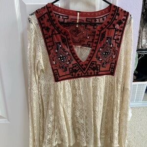 Free People Terracotta Embroidered Top